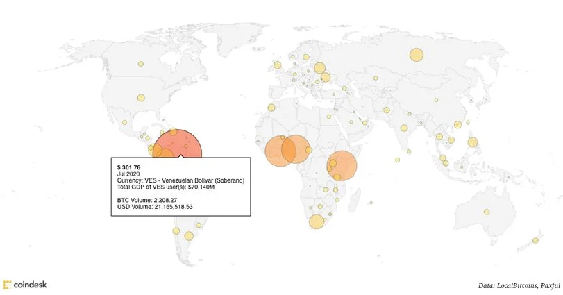 World map comparing peer-to-peer Bitcoin trading volume relative to GDP, highlighting Venezuela.