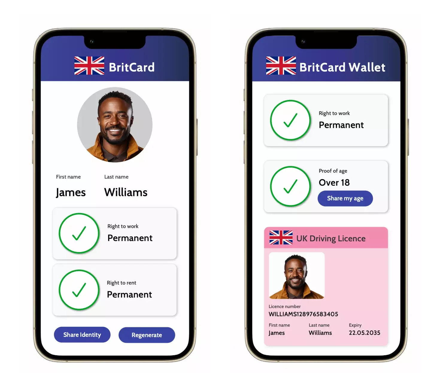 BritCard and BritCard Wallet digital identity interface mockups.