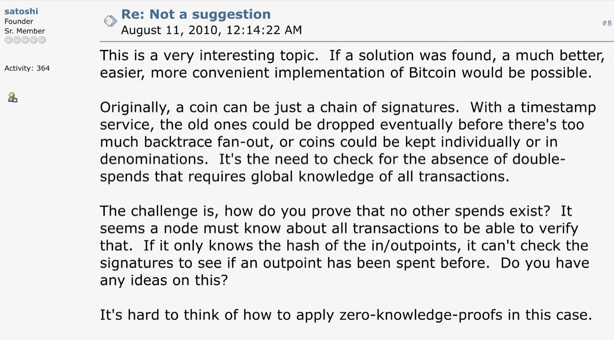 Satoshi Nakamoto forum post discussing transaction history, coin denominations, and the possible use of zero-knowledge proofs.