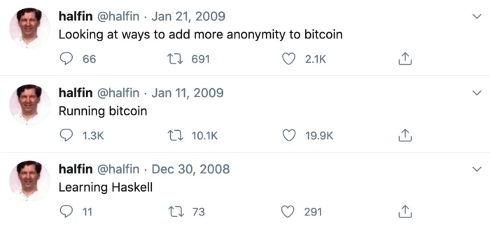 Hal Finney posts from 2008 and 2009, including his interest in adding anonymity to Bitcoin.