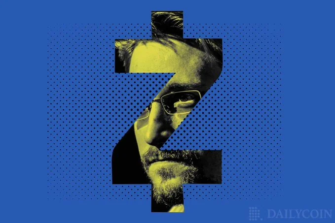 Zcash symbol over a portrait of Edward Snowden.